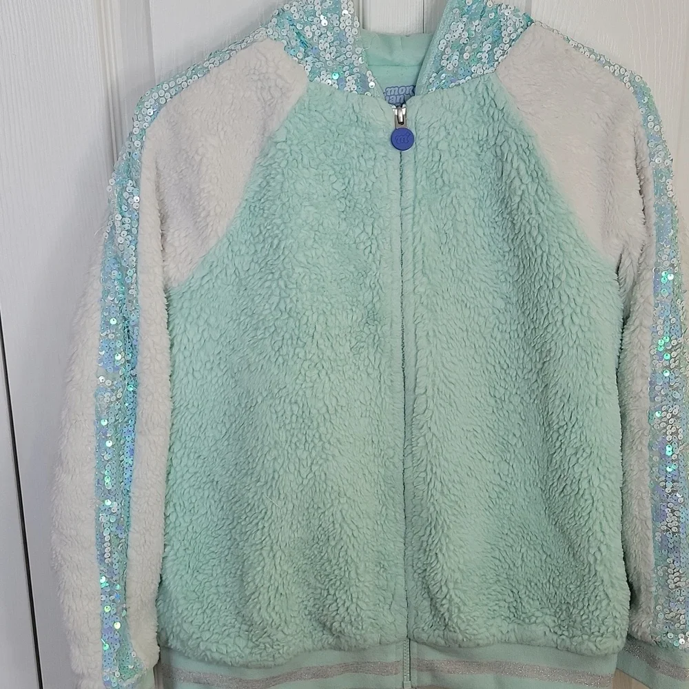 More Than Magic Faux Fur Sequin Zip Hoodie Mint Green Girls XL 14‑16